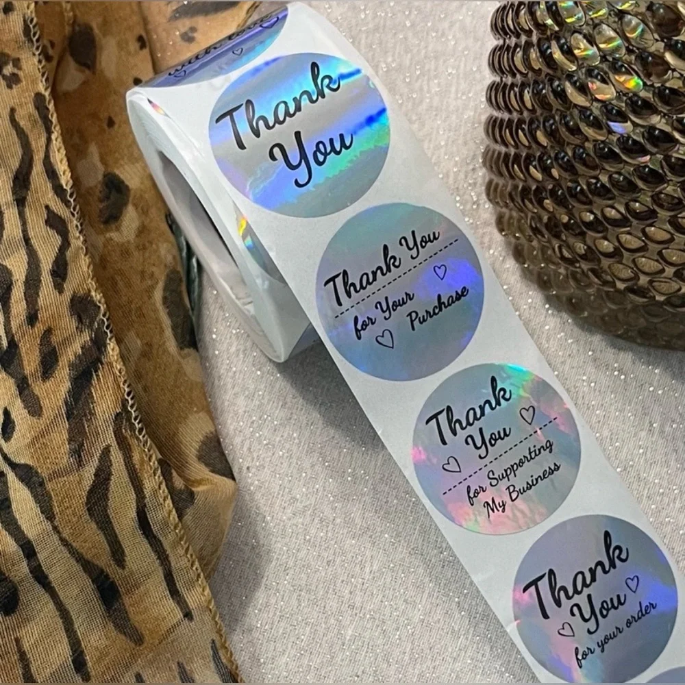 50 Pcs Silver Metallic Holographic Thank You Round Business Stickers 1-1/2”